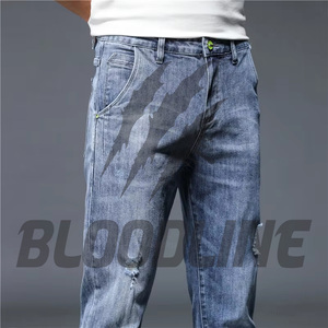 Jean en denim délavé pour homme, coupe slim, en coton mi-lourd, style décontracté automne, jambe droite, poches, look baskets blanches - Product Image 2