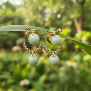 Fine Stud Earrings Peacock Studs with Pastel Green Pearls - Product Image 3