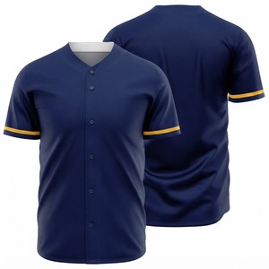 Custom Men's Baseball Jersey Short Sleeve Navy Blue with <b>Gold</b> Trim Button Front Moisture Wicking Polyester Apparel - Product Image 1
