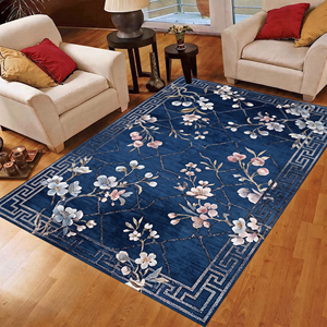 Tapis en laine bleu marine à motif floral botanique, motif de branche fleurie, tapis tufté à la main, antidérapant, écologique, luxe, salon, hôtel - Product Image 3