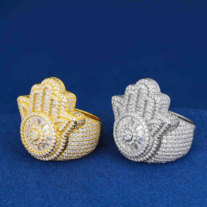 Anillo de Diamante con Mano de Hamsa, Chapado en Oro Amarillo, Corte Brillante Redondo, Diamante Natural, Estilo Religioso, Joyería Unisex - Product Image 1
