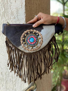 Riñonera de piel de vaca cosida a mano en cinturón de bolsillo de cadera negro cinturón de bolsillo de cintura flecos cinturones de flecos de pelo de vaca - Product Image 4