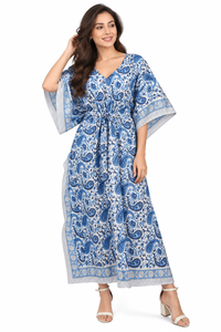 Robe longue bohème bleue à motif cachemire pour femme, taille élastique, col en V, sans manches, respirante, toutes saisons, décontractée, coupe trapèze, style kaftan - Product Image 2