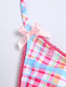 Conjunto de Bikini a Cuadros para Mujer con Tirantes Finos, Escote en V Profundo, Detalle de Lazo, Ribete en Contraste, Braguita Brasileña de Tela Elástica - Product Image 4
