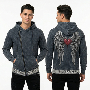 Custom Mens <b>Grey</b> Acid Wash Zip Up Hoodie Asymmetric Side Zipper Streetwear Angel Wings Heart Graphic Distressed <b>Fleece</b> <b>Jacket</b> - Product Image 1