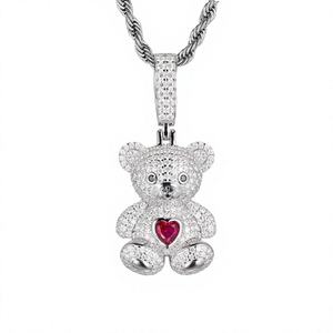 Teddy <b>Bear</b> Pendant 925 Silver Moissanite Icy Design Ruby Heart Charm Unisex <b>Cute</b> Animal Themed Jewelry Gift - Product Image 1