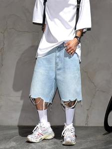 Shorts en jean baggy tendance pour hommes, déchirés, personnalisés, à ourlet brut, coupe ample, délavage vintage, style streetwear décontracté, vente en gros OEM - Product Image 2