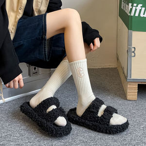 Crew <b>Socks</b> With Letter C Logo In Black Brown Beige White Cotton Knitted <b>Breathable</b> For Daily Casual Wear Autumn Season - Product Image 4