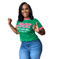 T-shirt décontracté pour femme en coton premium, respirant et écologique, avec bordure rose en chenille et broderie de lettres grecques vert-rose, idéal pour l'été