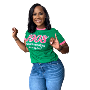 T-shirt en chenille 1908 à bordure rose, broderie de lettres grecques vertes et roses, en coton premium, décontracté, pour tenue de sororité - Product Image 5