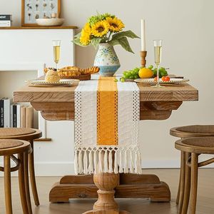 Runner da Tavolo in Macramè e Iuta Stile Boho, 72 Pollici, Giallo, Decorazione Rustica Autunnale per la Casa con Nappe, Stile Fattoria - Product Image 6