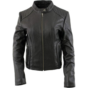 SAMROZ SPORTS Leather Women's Black Premium Leather Biker Jacket w/Mandarin Collar - Product Image 2