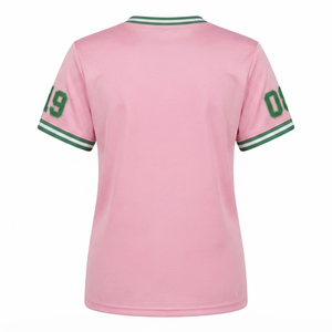 Premium Chenille Patch Sorority T <b>Shirt</b> Pink Green V Neck Contrast Trim Custom Greek Apparel Greek Life T <b>Shirts</b> For Women - Product Image 2