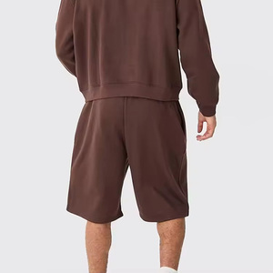Men's Hoodie and Shorts Set Solid Color Cotton French Terry Casual Wear Summer Outfit Brown Full <b>Zip</b> <b>Hooded</b> Matching Shorts - Product Image 4