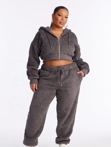 Sudadera con capucha de forro polar gris para mujer, 100% algodón, con cremallera y pantalones anchos a juego, talla grande, sudaderas personalizadas de invierno para mujer - Product Image 1
