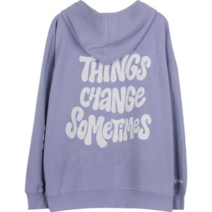 Sweat-shirt à capuche oversize pour femme, lavande, coupe classique, en molleton de coton et bambou, couleur unie, imprimé lettres sur la manche gauche, style automne - Product Image 5