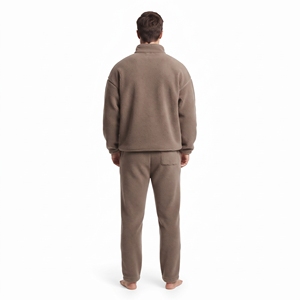 Men Warm Winter Wear <b>Sherpa</b> Fleece Tracksuit Custom Embroidered Logo Stand Collar Quarter Zip Relaxed Fit <b>Hoodie</b> Jogger Set - Product Image 3