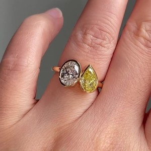 Premium Toi Et Moi 1.00 CT Pear Yellow Oval Lab Grown Diamond VVS2 Clarity Platinum Bezel Set <b>Open</b> Band Engagement <b>Ring</b> IGI - Product Image 3
