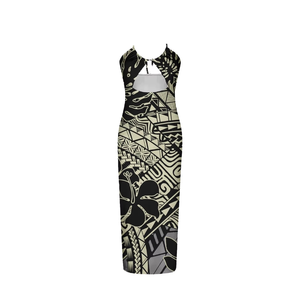 Vestido Bodycon Puletasi Polinesio Personalizable y Transpirable con Diseño de Estampado Tapa, Estilo Halter Hueco, Largo hasta el Suelo, Estilo Samoano para Mujer - Product Image 1