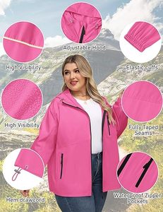 <b>Pink</b> Solid Hooded <b>Waterproof</b> Windbreaker Bomber <b>Jacket</b> with Zipper Pockets Casual Thick Outerwear for Winter Outdoor Use - Product Image 3