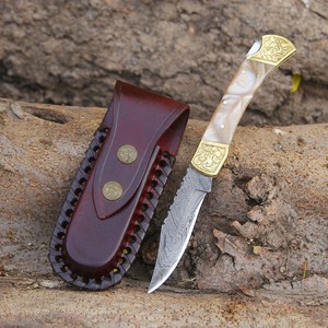 Damascus Steel Professional Folding Knife Hand Engraved Brass Bolster Resin Handle Pocket Hunting Knife OEM Supplier Private - Product Image 1