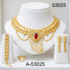 Gold Plated Women's Vintage Ethnic Necklace with Ruby Tassel Pendant Geometric Design Channel Set Wedding Jewelry - Product Image 6