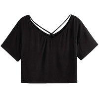 T-shirt court noir pour femme à manches courtes, dos croisé évidé, coupe décontractée ample, tricoté, couleur unie, printemps-été