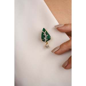 18K Solid Yellow Gold 9.99 Carat Carved Leaf <b>Emerald</b> Fine <b>Pendant</b> Brooch - Product Image 6