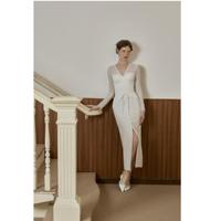 Vestido Midi de Algodón con Cuello en V para Mujer, Elegante y Clásico, Estilo Vietnamita VIVIAN, con Abertura Frontal