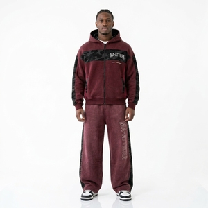 Men Burgundy <b>Black</b> Camouflage <b>Zip</b> <b>Up</b> <b>Hoodie</b> Tracksuit Set Loose Fit Streetwear Panel Design Custom OEM ODM Wholesale - Product Image 1