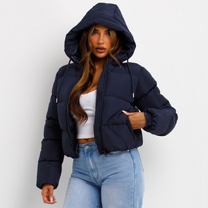 Wholesale Cropped Hooded Puffer Jacket Full Drawstring Zip Bubble Padding Winter <b>Down</b> Warm Outerwear Bulk Supply - Product Image 1