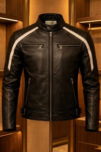 Chaqueta de Cuero de Oveja Negra para Hombre, Estilo Café Racer, con Franjas Blancas de Carreras, Hombros Acolchados y Bolsillos con Cremallera - Product Image 4