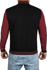 Chaqueta Varsity para Hombre, Negra y Granate con Mangas en Contraste, Estilo Béisbol Casual, Cuello Alto, Cierre de Botones, Ropa Exterior para Otoño - Product Image 2