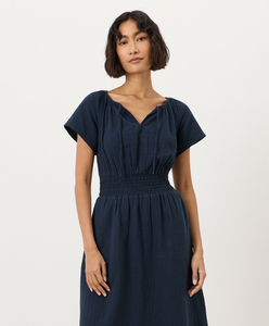 Organic Double Gauze Midi <b>Dress</b> Open Split Neck With Ties Midi <b>Dress</b> With Smocked <b>Elastic</b> Waistband & Pockets Women Summer - Product Image 1
