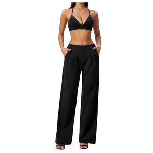 Factory Direct Custom Sports Outfit Breathable <b>Bra</b> <b>Wide</b> Leg Pants Four-Way Stretch Fitness Yoga 2 Pcs Set - Product Image 4