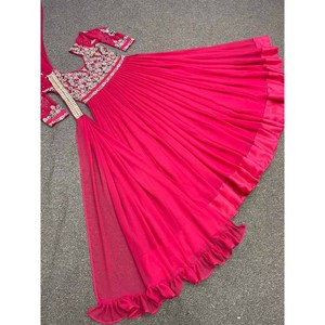 VESTIDO LARGO DE MODA CON BORDADO DUPATTA DESGASTE DE FIESTA DE TRABAJO LISTO PARA LLEVAR ROSA - Product Image 1