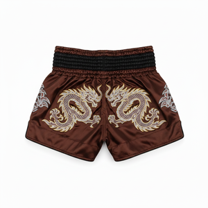 Men's Muay Thai Shorts Brown Embroidered Tiger Design MMA Kickboxing Fight Wear Regular Fit Stretch Polyester - Product Image 3