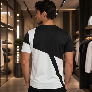 New 2026 Model Men's Black <b>White</b> Geometric Print Short Sleeve T-Shirt Slim Fit Breathable Jersey O-Neck Sporty Style - Product Image 3