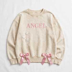<b>Pink</b> Heavy Weight Cotton Crewneck <b>Sweatshirt</b> Women Embroidered Angel Bow Decor Drop-shoulder Pullover - Product Image 3