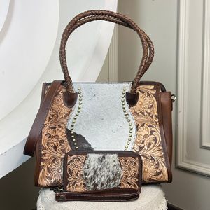 High Quality Hand Tooled Hair On Cowhide Leather 2 Piece Combo Sets Genuine Leather Luxury <b>Tote</b> <b>Bag</b> & Clutch Combo for Women's - Product Image 4