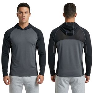 Sudadera con Capucha Gris de Poliéster para Hombre, con Paneles Negros en los Hombros, Manga Larga, para Correr, Fitness, Entrenamiento Atlético - Product Image 3