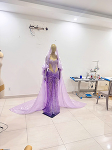 Purple Mermaid Wedding Dress With <b>Jacket</b> Beaded <b>Chiffon</b> Floor-Length Cathedral Train Sweetheart Neckline Backless Design - Product Image 1
