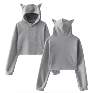 Women Autumn Printed Grey Cropped Hoodie Cute <b>Ear</b> Detail Sweatshirt Breathable Lined Soft Cotton Pullover Short Length - Product Image 1