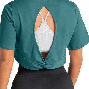 T-shirt court vert personnalisé pour femme, respirant, pour la gym, l'entraînement, le fitness, le yoga, vêtements de sport, activewear, OEM - Product Image 3