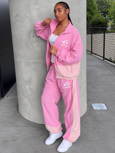 Women’s <b>Pink</b> & White <b>Tracksuit</b> <b>Set</b> Custom Windbreaker Jacket & Jogger Pants 2 Piece Sportswear Training Suit OEM/ODM - Product Image 3