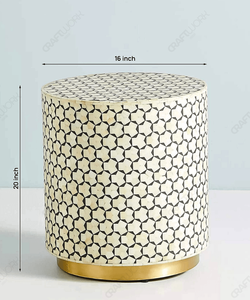Ivory Geometric Inlay Round Side <b>Table</b> Handcrafted Octagon <b>Mosaic</b> Pattern Gold Base Luxury End <b>Table</b> Designer Home Furniture - Product Image 2