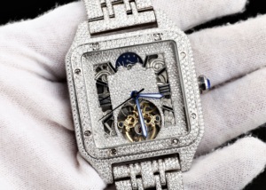 Reloj Mecánico Rectangular de Lujo con Incrustaciones de Diamantes, Fase Lunar, Correa de Acero Inoxidable, Esfera Analógica de 38 mm, Unisex - Product Image 1