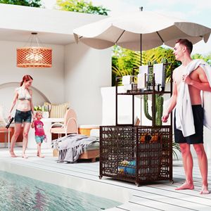 Organizador de almacenamiento de flotador de piscina de mimbre marrón mixto PE cesta de flotador de ratán estante toalleros piscina rodante Caddy chalecos salvavidas playa - Product Image 2