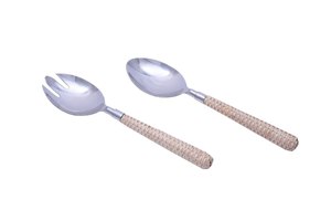 Latest Design 18/8 Stainless Steel <b>Salad</b> Servers Set With Rattan Woven Handles Eco-Friendly Kitchen Utensils At Best Price - Product Image 4