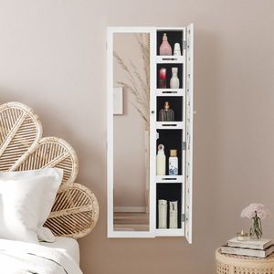 Specchio da Parete in Legno Bianco con Armadietto, Specchio Non Intero con Vano Portaoggetti Multistrato e Cornice Portafoto per Gioielli e Specchi da Bagno - Product Image 1